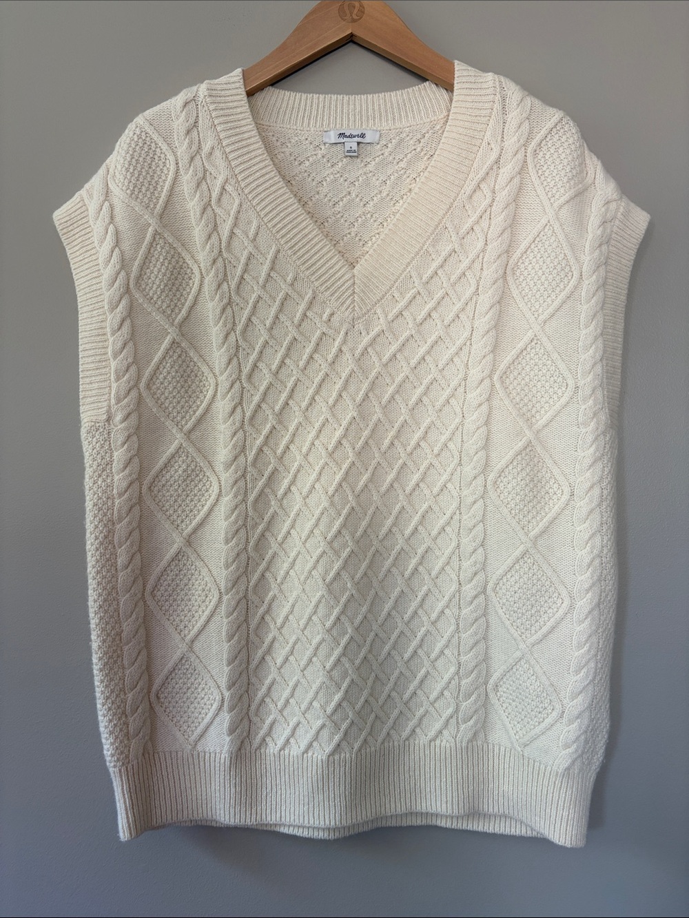 Madewell Cable Knit V-Neck Sweater Vest Small Cream Ivory Preppy Academia Chunky
